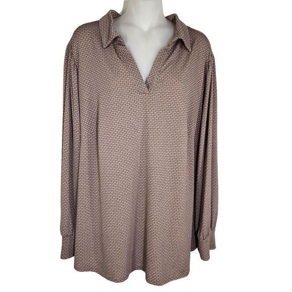 Adrianna Papell Womens Blouse Beige Geometric Print Long Sleeve Knit Collared 2X - Picture 1 of 11